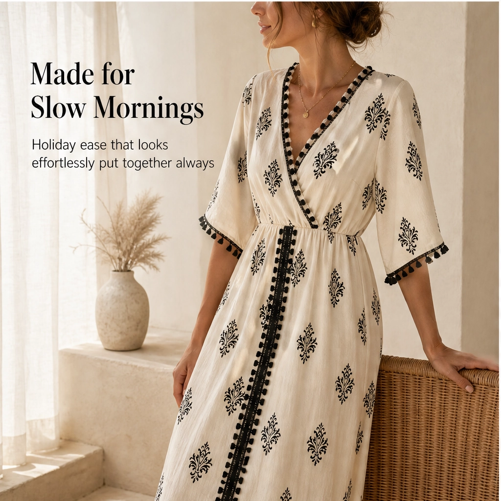 Solene – V-Neck Waist-Defining Print Maxi Dress with Pockets + 50% OFF