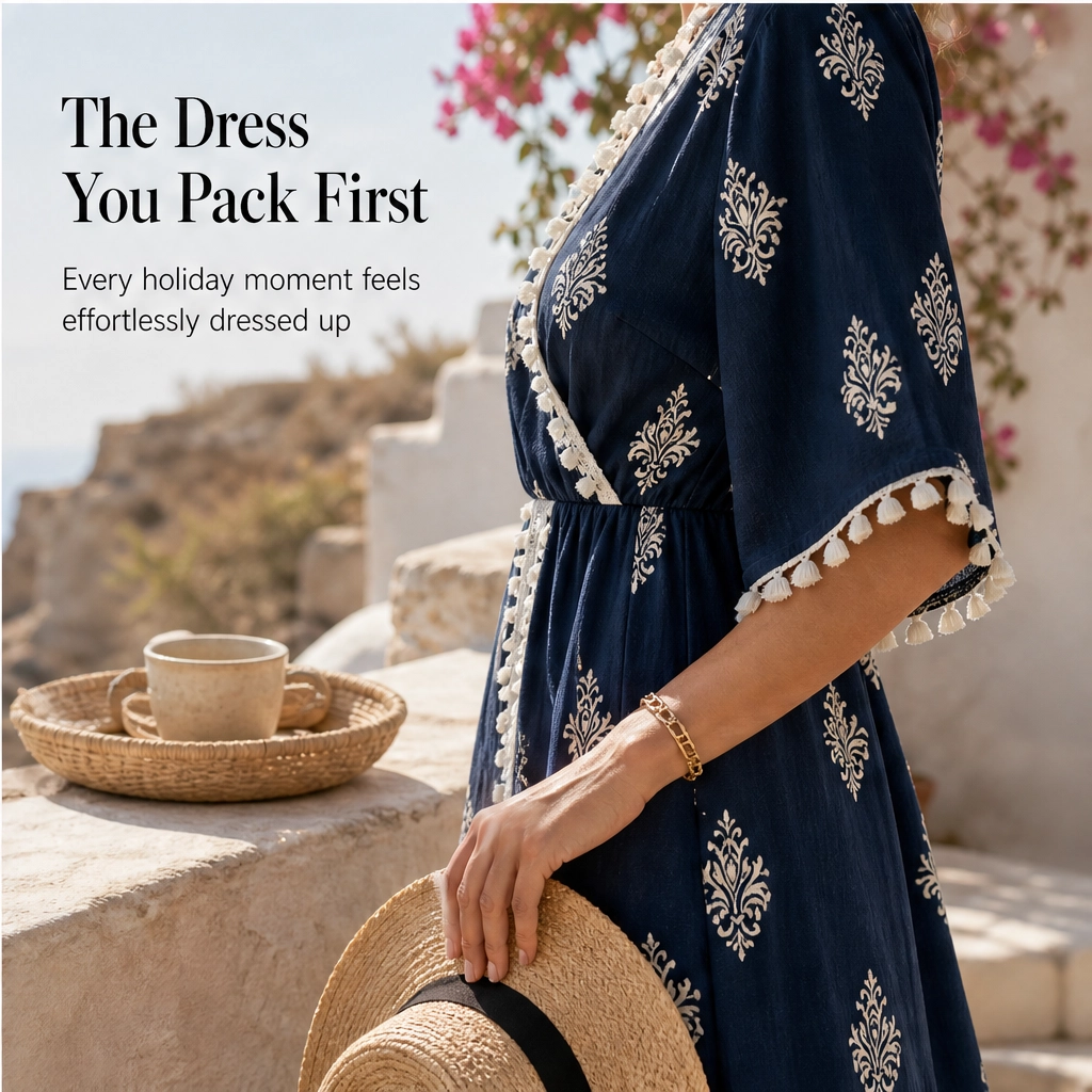 Solene – V-Neck Waist-Defining Print Maxi Dress with Pockets + 50% OFF