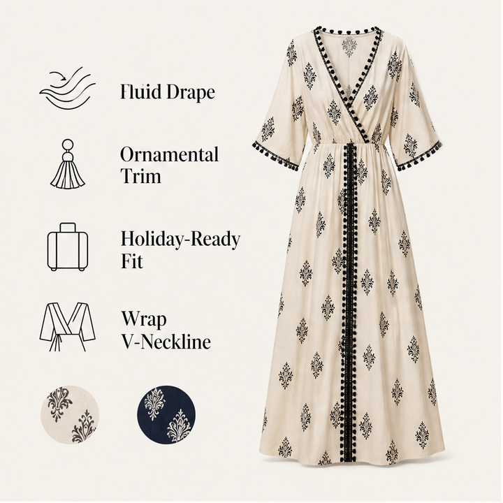 Solene – V-Neck Waist-Defining Print Maxi Dress with Pockets + 50% OFF