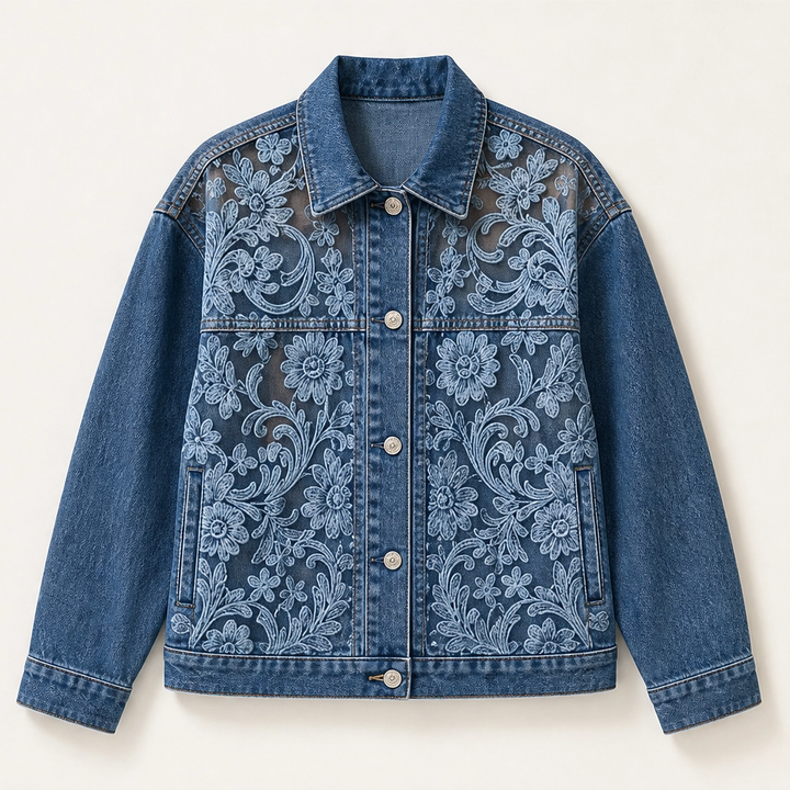 Fleurette – Floral Lace Patchwork Loose Denim Jacket + 50% OFF