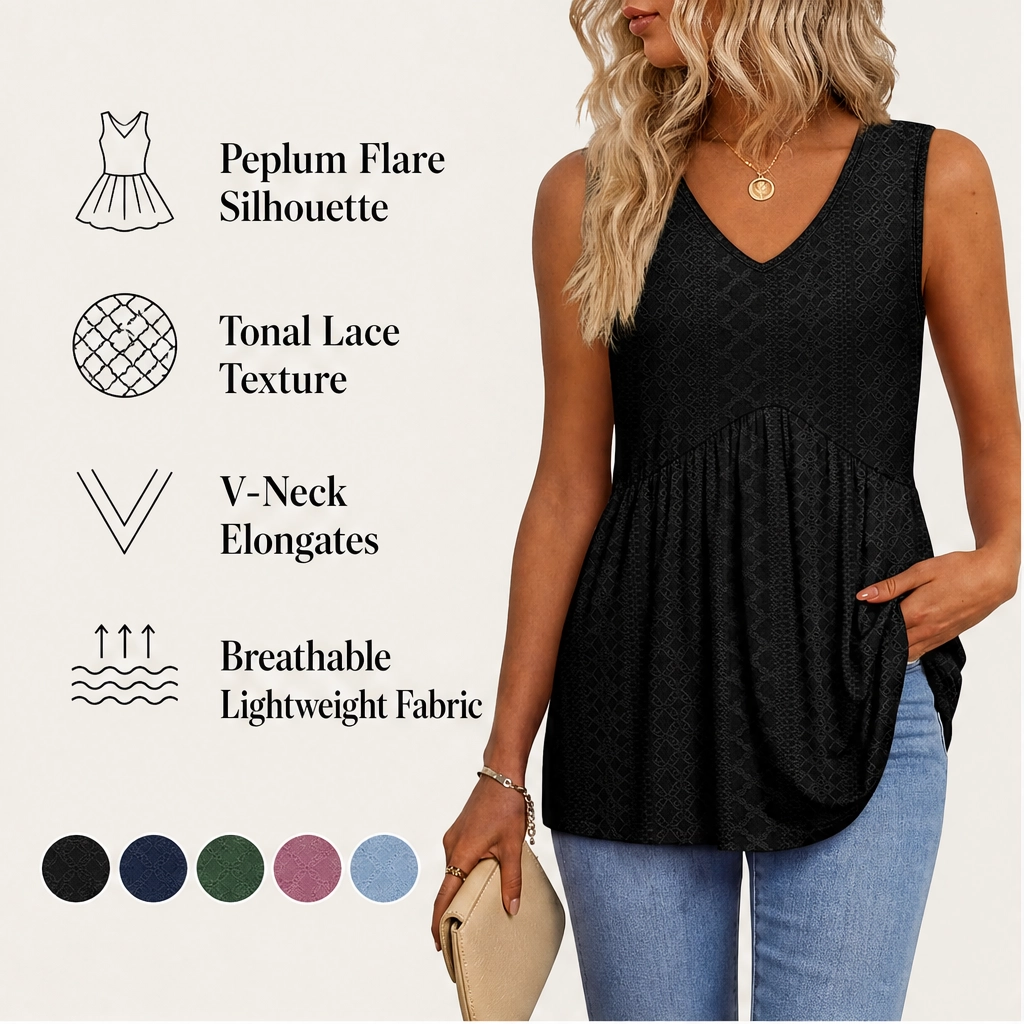 Sway – Eyelet Peplum V-Neck Sleeveless Tank Top + 50% OFF