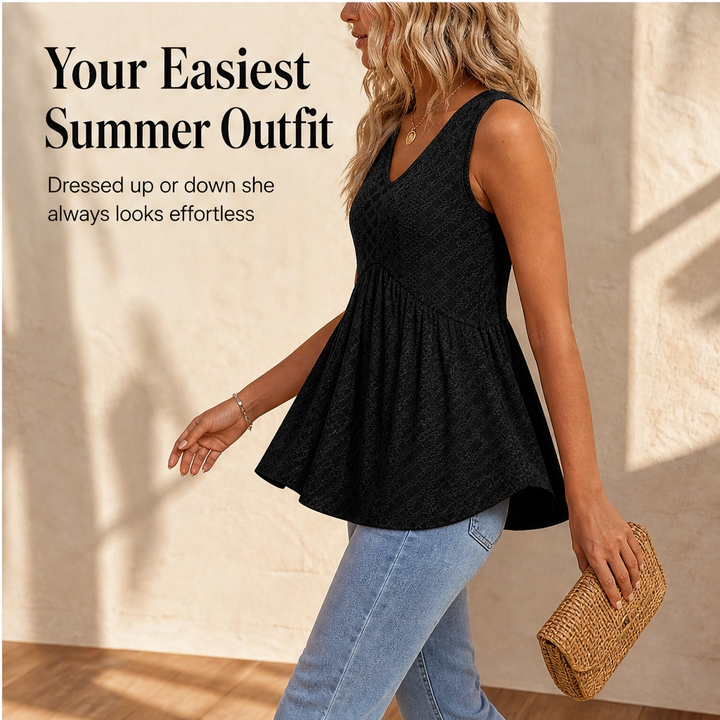 Sway – Eyelet Peplum V-Neck Sleeveless Tank Top + 50% OFF