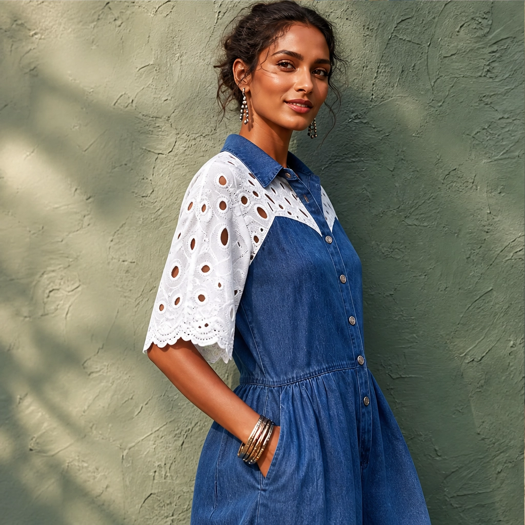 Éclette – Lace-Panel Wide-Leg Denim Jumpsuit + 50% OFF