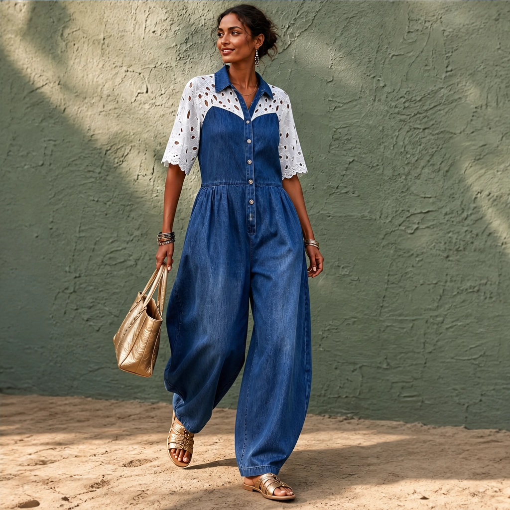 Éclette – Lace-Panel Wide-Leg Denim Jumpsuit + 50% OFF