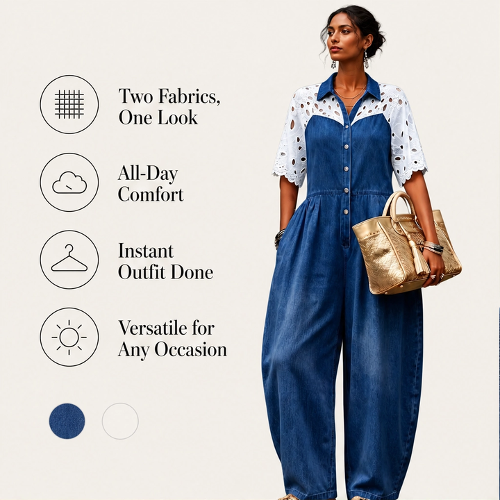 Éclette – Lace-Panel Wide-Leg Denim Jumpsuit + 50% OFF
