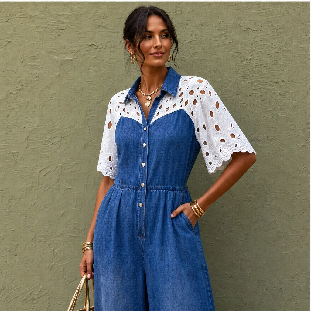 Éclette – Lace-Panel Wide-Leg Denim Jumpsuit + 50% OFF