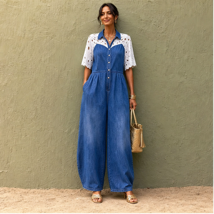 Éclette – Lace-Panel Wide-Leg Denim Jumpsuit + 50% OFF