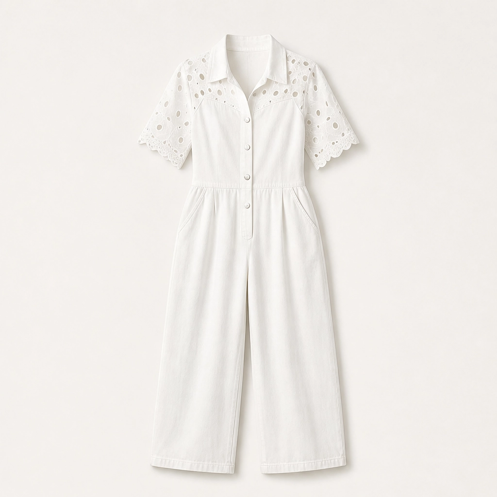 Éclette – Lace-Panel Wide-Leg Denim Jumpsuit + 50% OFF