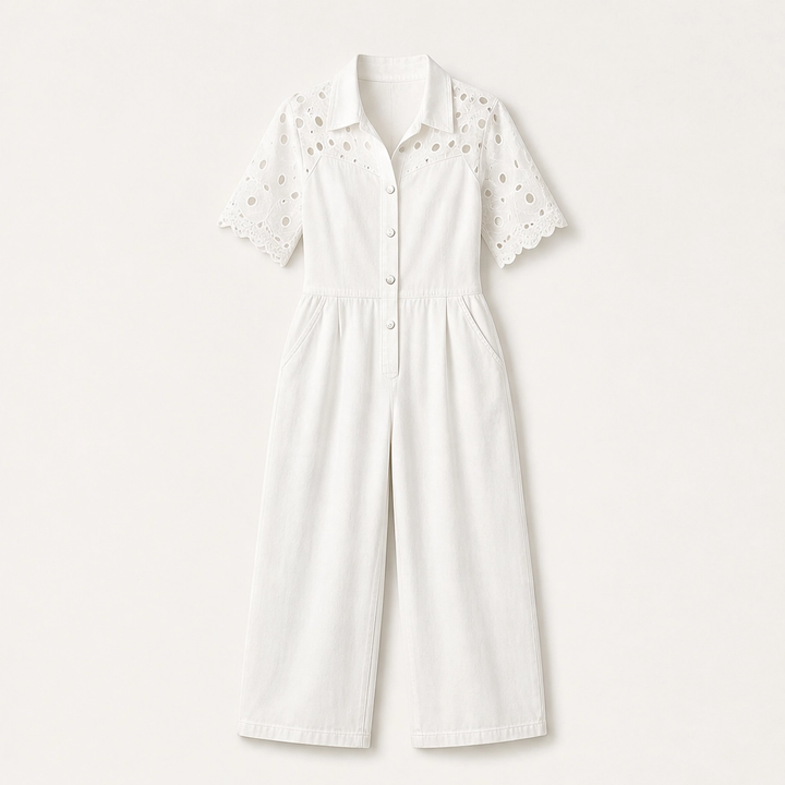 Éclette – Lace-Panel Wide-Leg Denim Jumpsuit + 50% OFF