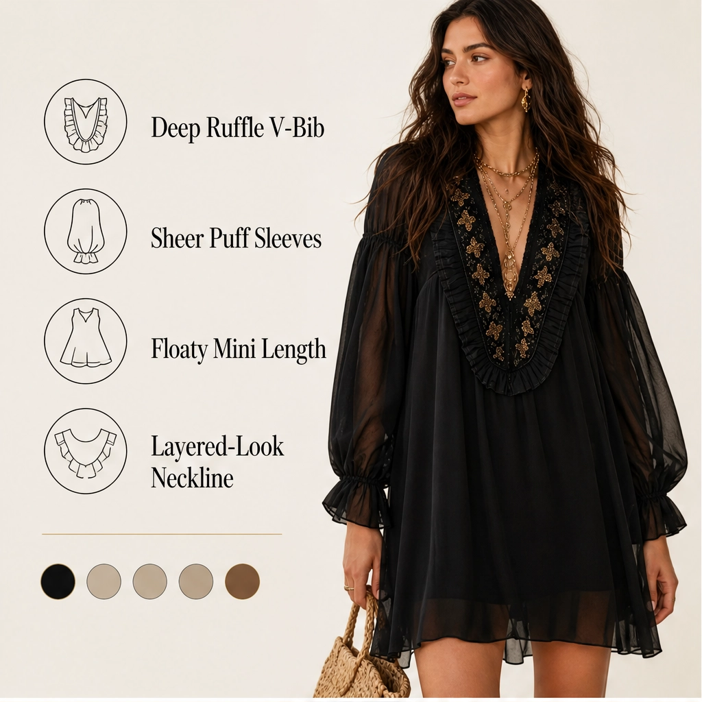 Sablewing – Embroidered V-Neck Puff Sleeve Chiffon Mini Dress + 50% OFF