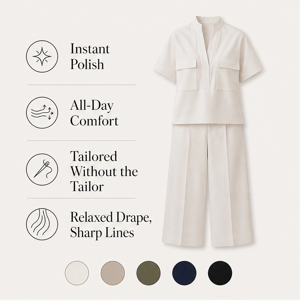 Drapelle – Breathable Tailored Two-Piece Set with Wide-Leg Pants + 50% OFF