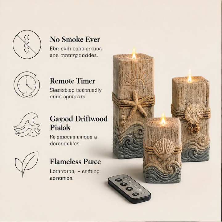 Shorewick – Flameless LED Coastal Candle Set of 3 with Remote &amp; Timer + 50% OFF