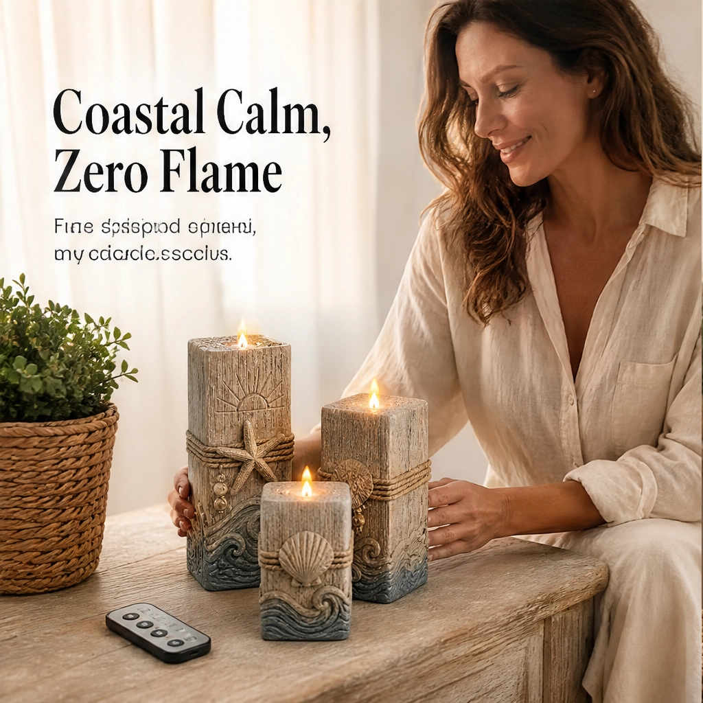Shorewick – Flameless LED Coastal Candle Set of 3 with Remote &amp; Timer + 50% OFF