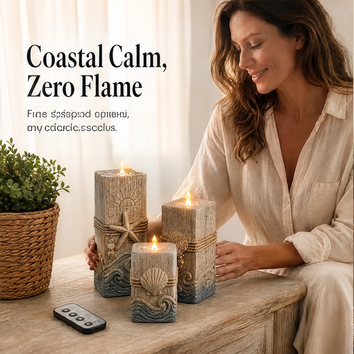 Shorewick – Flameless LED Coastal Candle Set of 3 with Remote &amp; Timer + 50% OFF