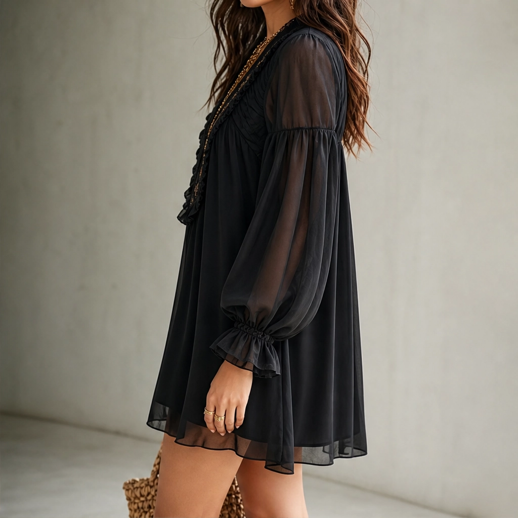 Sablewing – Embroidered V-Neck Puff Sleeve Chiffon Mini Dress + 50% OFF