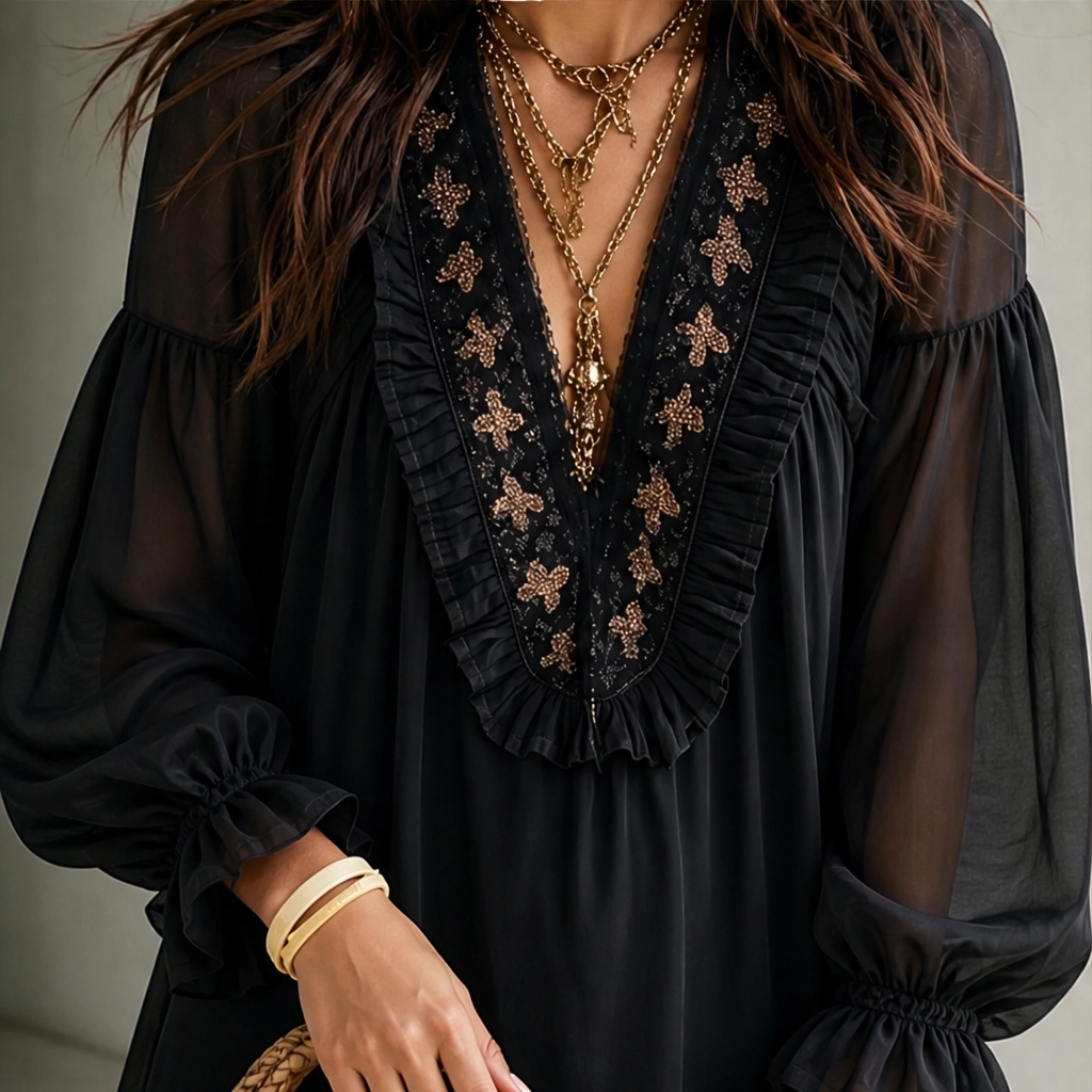 Sablewing – Embroidered V-Neck Puff Sleeve Chiffon Mini Dress + 50% OFF
