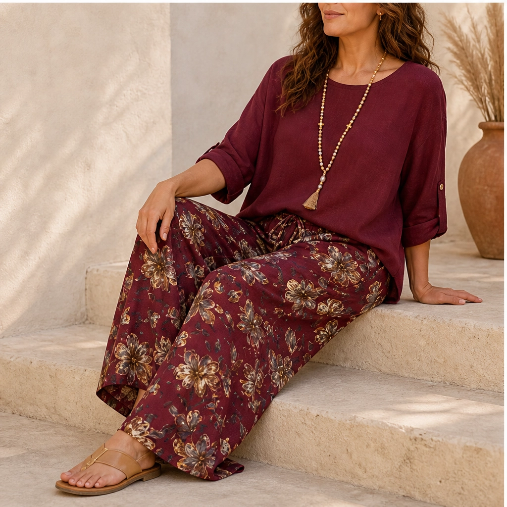 Linnora – Breathable Cotton-Linen Two-Piece Set with Wide-Leg Pants + 50% OFF