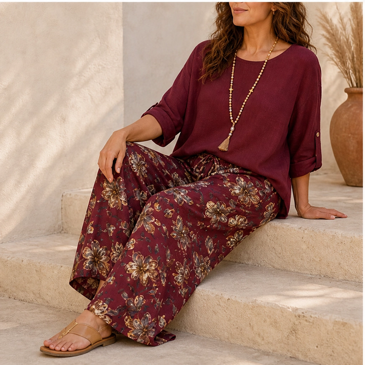 Linnora – Breathable Cotton-Linen Two-Piece Set with Wide-Leg Pants + 50% OFF