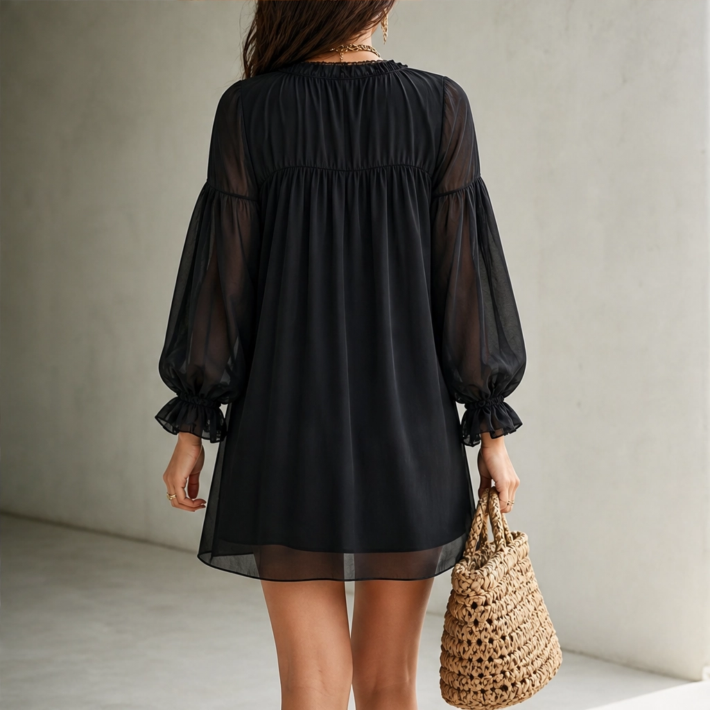 Sablewing – Embroidered V-Neck Puff Sleeve Chiffon Mini Dress + 50% OFF