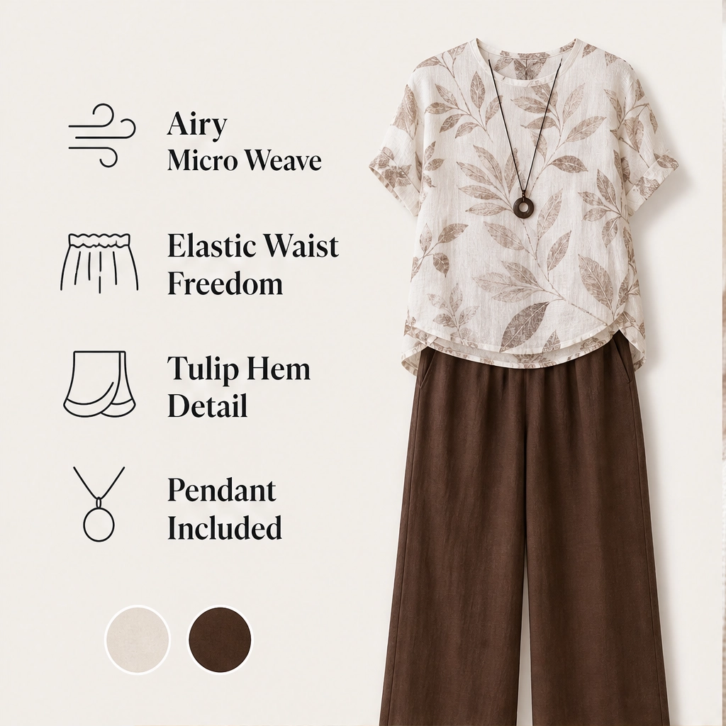 Fernelle – Breathable Botanical Two-Piece Lounge Set with Pendant + 50% OFF