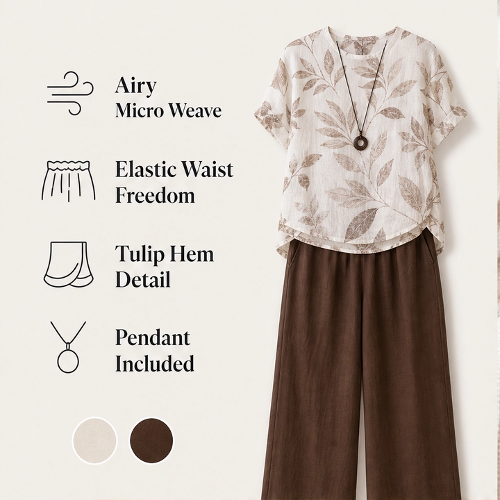 Fernelle – Breathable Botanical Two-Piece Lounge Set with Pendant + 50% OFF