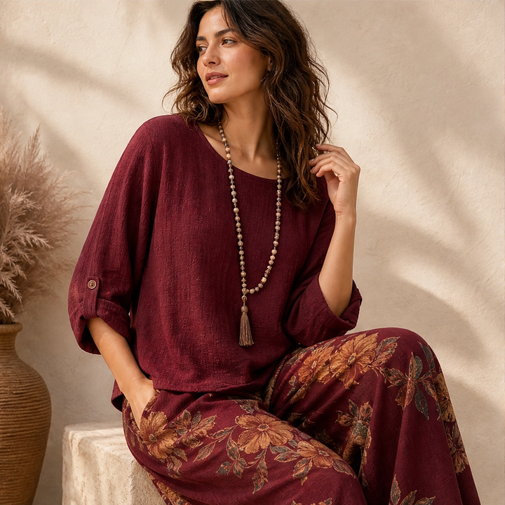 Linnora – Breathable Cotton-Linen Two-Piece Set with Wide-Leg Pants + 50% OFF