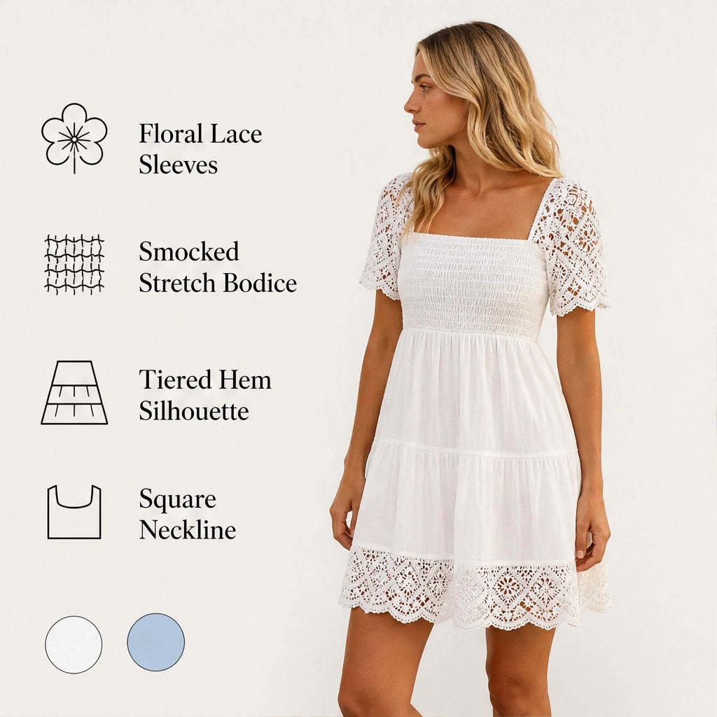 Solmara – Square Neck Smocked Lace Mini Dress + 50% OFF