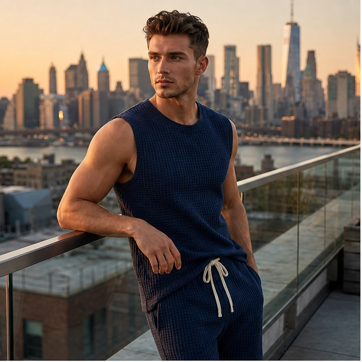 Weft – Waffle Knit Sleeveless Tank &amp; Shorts Set for Men + 50% OFF