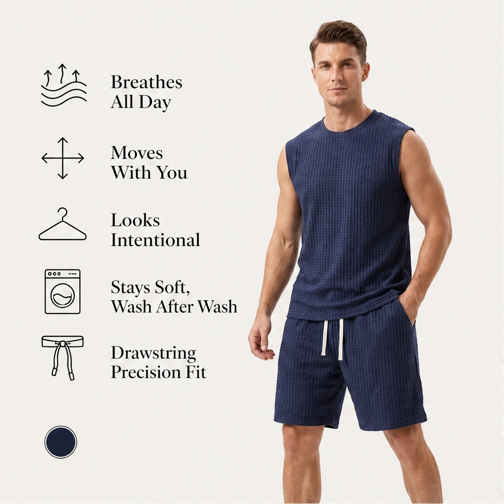 Weft – Waffle Knit Sleeveless Tank &amp; Shorts Set for Men + 50% OFF