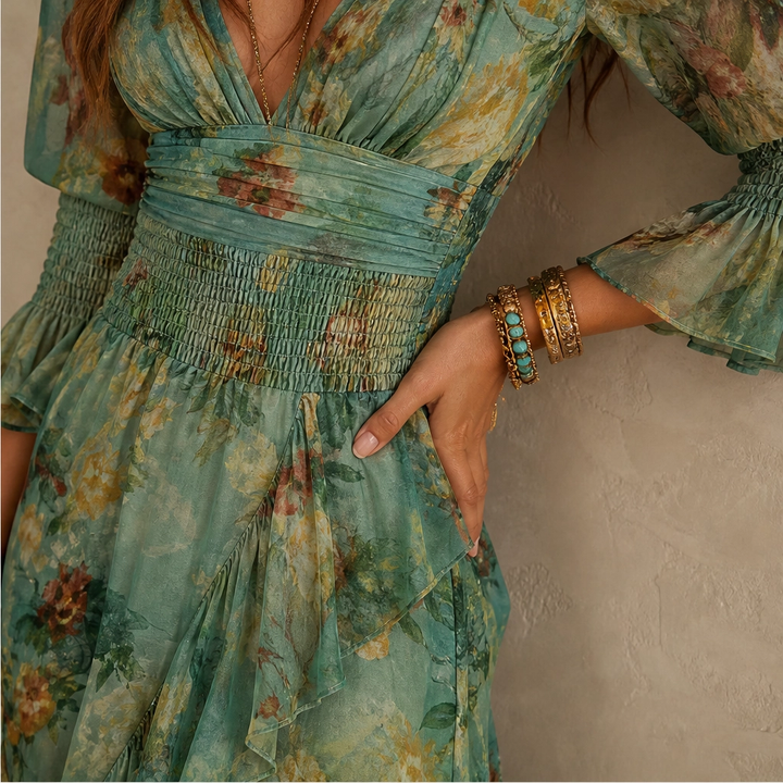Verdelle – Floral Wrap Ruffled High-Low Slit Chiffon Maxi Dress + 50% OFF