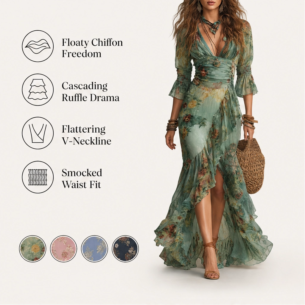 Verdelle – Floral Wrap Ruffled High-Low Slit Chiffon Maxi Dress + 50% OFF