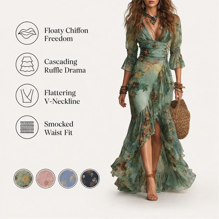 Verdelle – Floral Wrap Ruffled High-Low Slit Chiffon Maxi Dress + 50% OFF