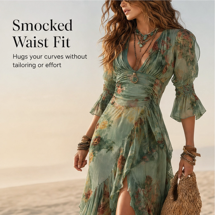 Verdelle – Floral Wrap Ruffled High-Low Slit Chiffon Maxi Dress + 50% OFF