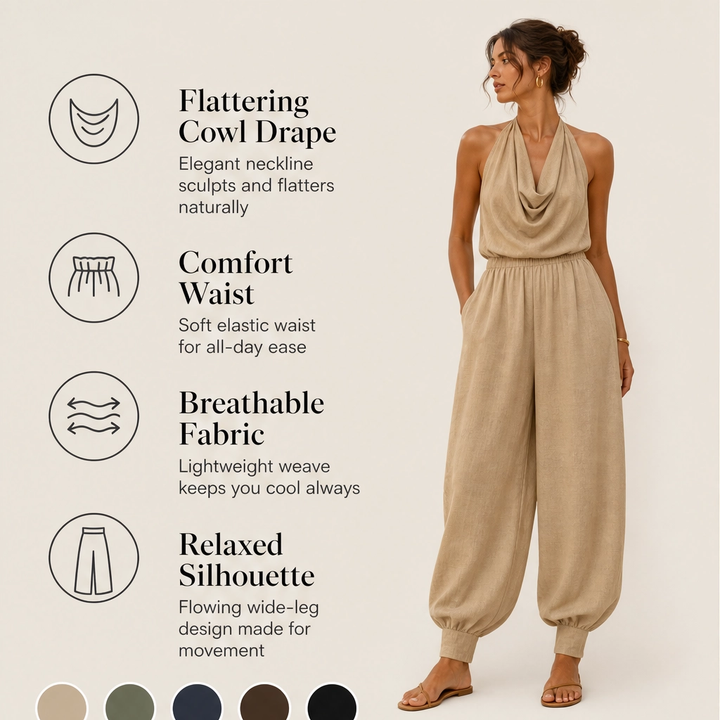 Solveia – Draped Halter Jumpsuit with Breathable Elastic-Waist Comfort + 50% OFF