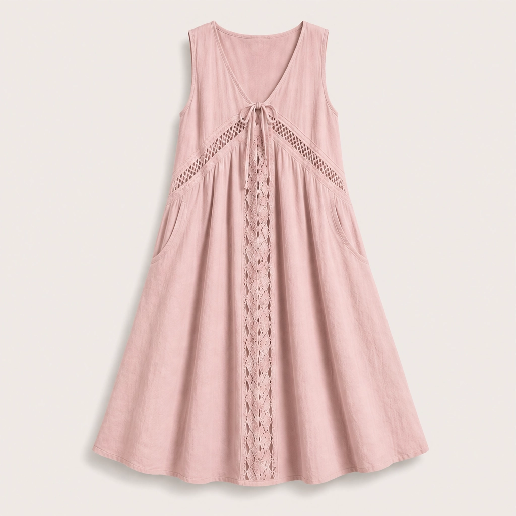 Solenne – Sleeveless V-Neck Lace-Trim Midi Dress with Pockets + 50% OFF
