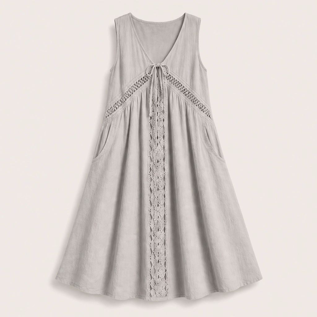 Solenne – Sleeveless V-Neck Lace-Trim Midi Dress with Pockets + 50% OFF