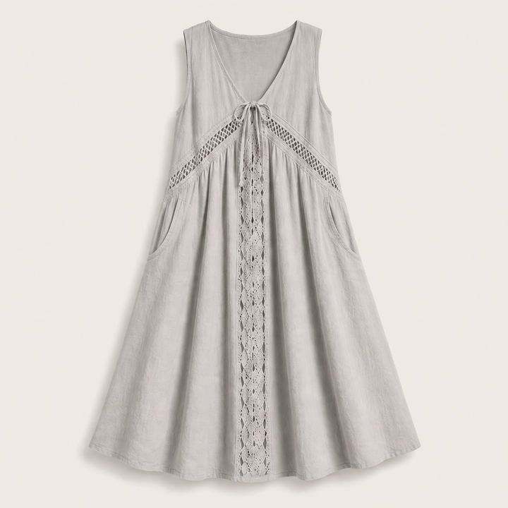 Solenne – Sleeveless V-Neck Lace-Trim Midi Dress with Pockets + 50% OFF