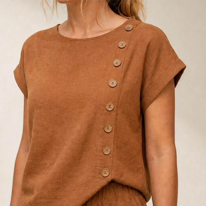Sundrift – Asymmetric Button-Hem Top &amp; Wide-Leg Pants 2-Piece Linen Set + 50% OFF
