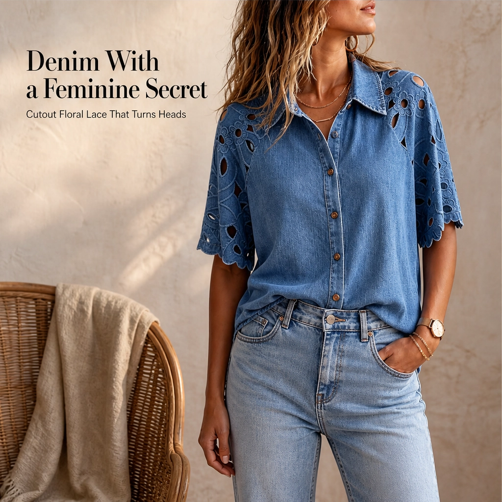 Everly – Floral Eyelet Cutout Denim Shirt + 50% OFF