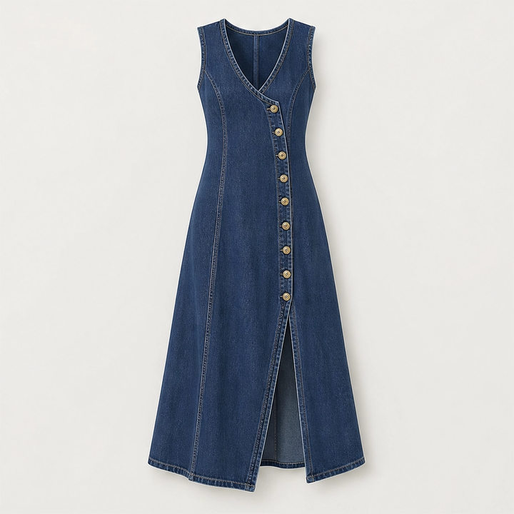 Marlowe – V-Neck Button-Front Denim Maxi Dress with Side Slit + 50% OFF