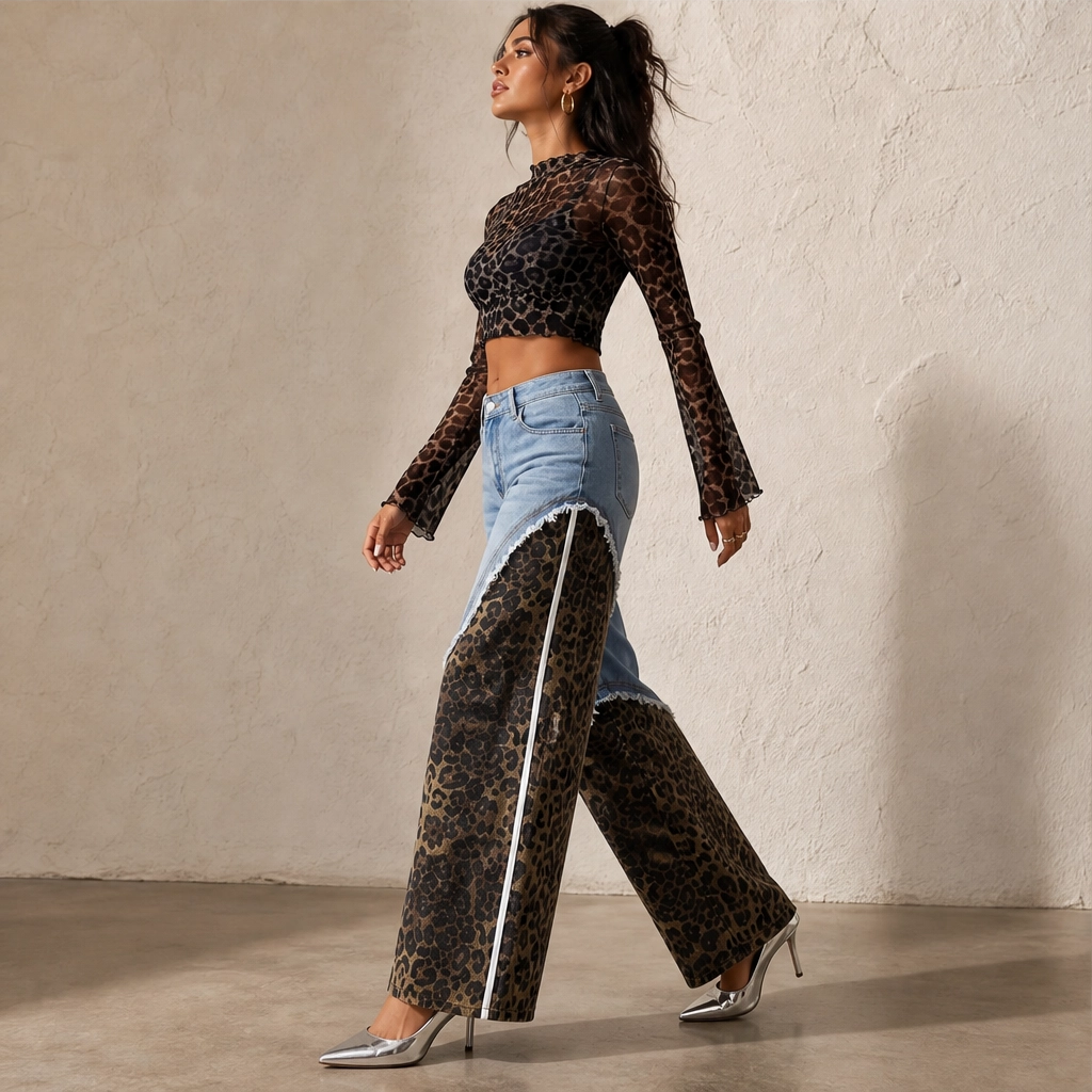 Prowl – Leopard Patchwork Wide-Leg Cotton Jeans + 50% OFF