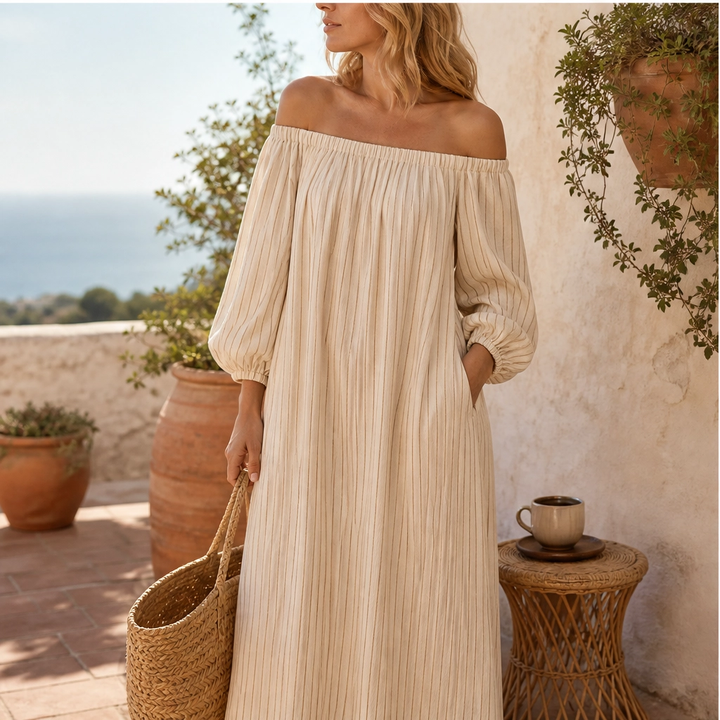 Solene – Off-Shoulder Lantern-Sleeve Maxi Dress with Pockets + 50% OFF