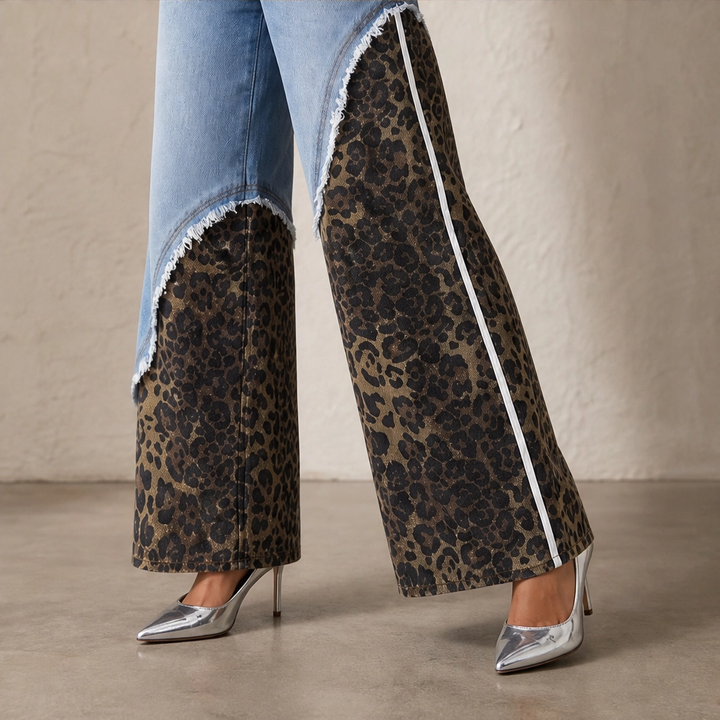 Prowl – Leopard Patchwork Wide-Leg Cotton Jeans + 50% OFF