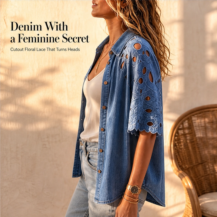 Everly – Floral Eyelet Cutout Denim Shirt + 50% OFF
