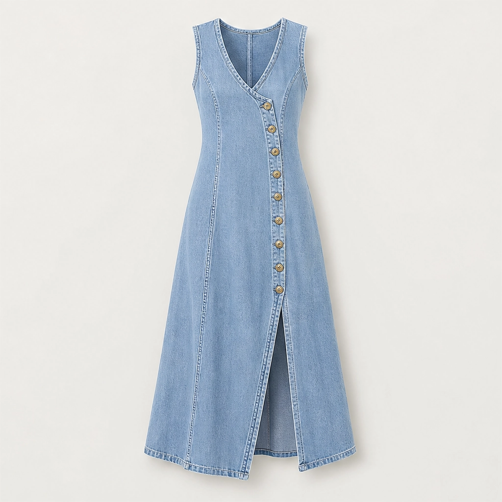 Marlowe – V-Neck Button-Front Denim Maxi Dress with Side Slit + 50% OFF