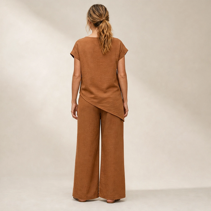 Sundrift – Asymmetric Button-Hem Top &amp; Wide-Leg Pants 2-Piece Linen Set + 50% OFF