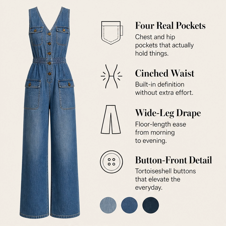 Willowdrift – Button-Front Wide-Leg Denim Jumpsuit + 50% OFF