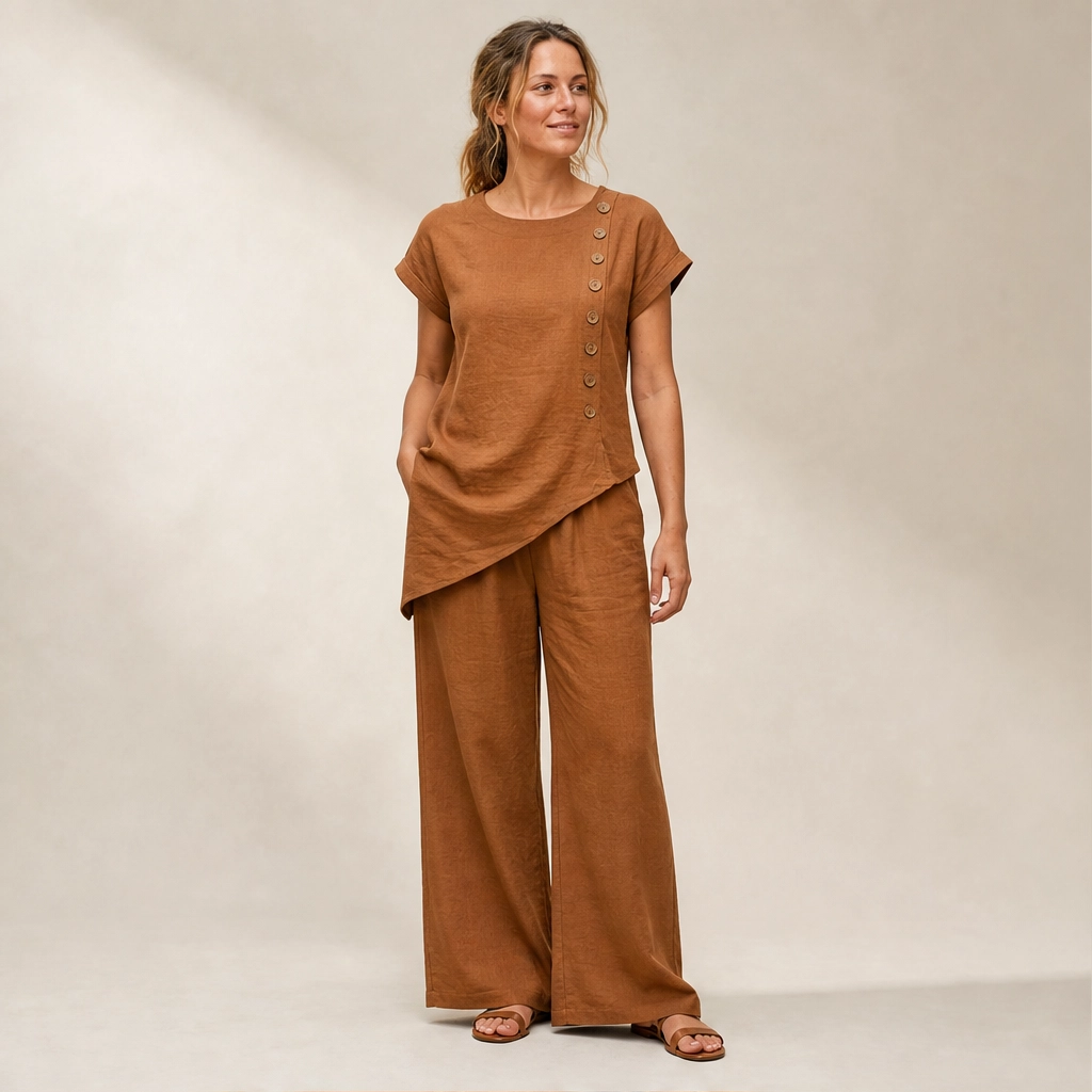 Sundrift – Asymmetric Button-Hem Top &amp; Wide-Leg Pants 2-Piece Linen Set + 50% OFF