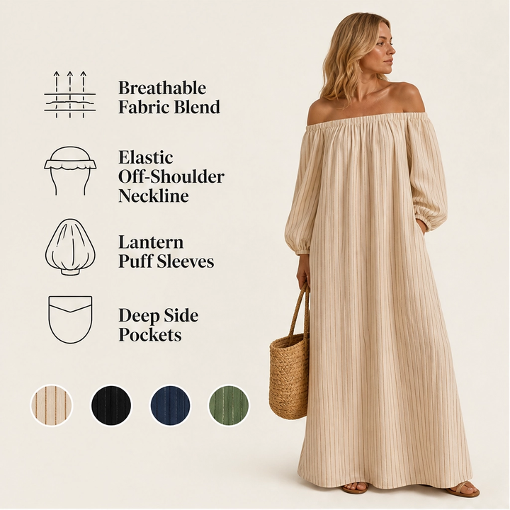 Solene – Off-Shoulder Lantern-Sleeve Maxi Dress with Pockets + 50% OFF