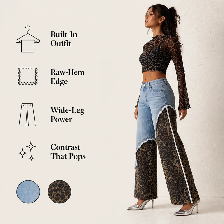Prowl – Leopard Patchwork Wide-Leg Cotton Jeans + 50% OFF